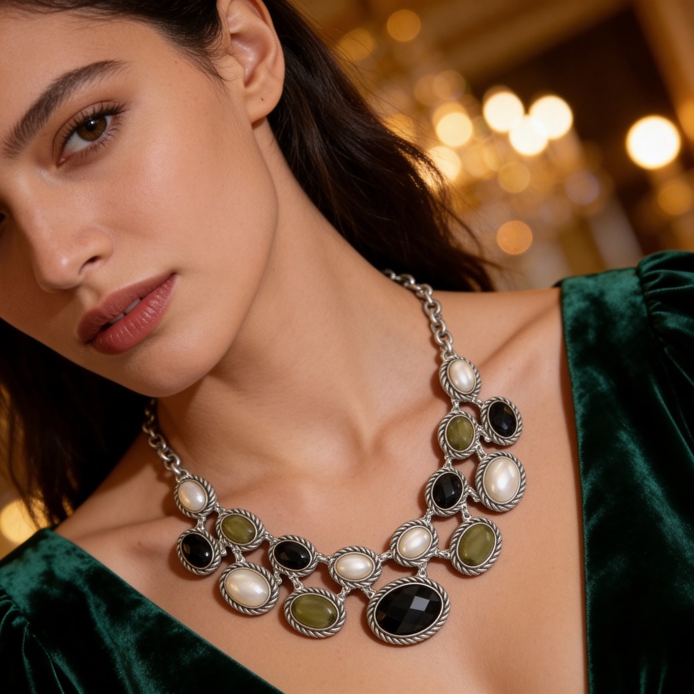 Statement Multi-Stone Silver Necklace - Green, Bl… - image 1